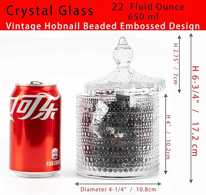 Cystone Hobnail Glass Candy Jars with Lid-22 OZ, Vintage Embossed Container for Cookie, Nut, Dried Fruit Storage, Biscuit Barrel, Decorative Glass Jars for Candy Buffet, Jewelry Box, Apothecary Jar