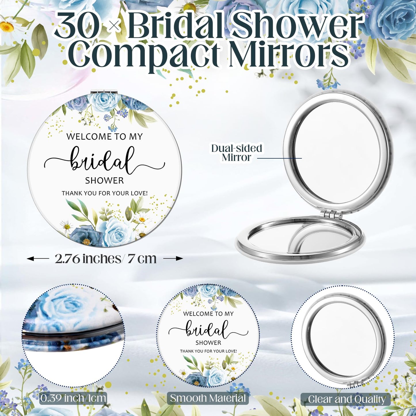 XunYee 30 Sets Bridal Shower Favors for Guests Flower Design Makeup Mirrors Leather Compact Mirrors Bridal Thank You Cards with
