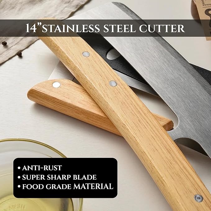 14" Dual-Grip Pizza Cutter Pizza Board | Gift Pizza Set, Best Pizza Cutter Rocker Blade, Bamboo Pizza Cutting Board, Pizza Slicer, Pizza Serving Board, Pizza Rocker Knife For Cutting Pizza Piza