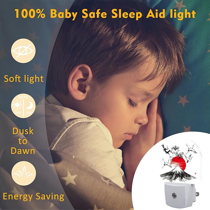 Red Sun Fuji Mountain and Storks Night Light Plug into Wall, Ink Landscape Painting Dusk to Dawn Night Light Plug in,0.5w Energy Saving Sleep Friendly NightLight for Kids Boys Girls Home Decor