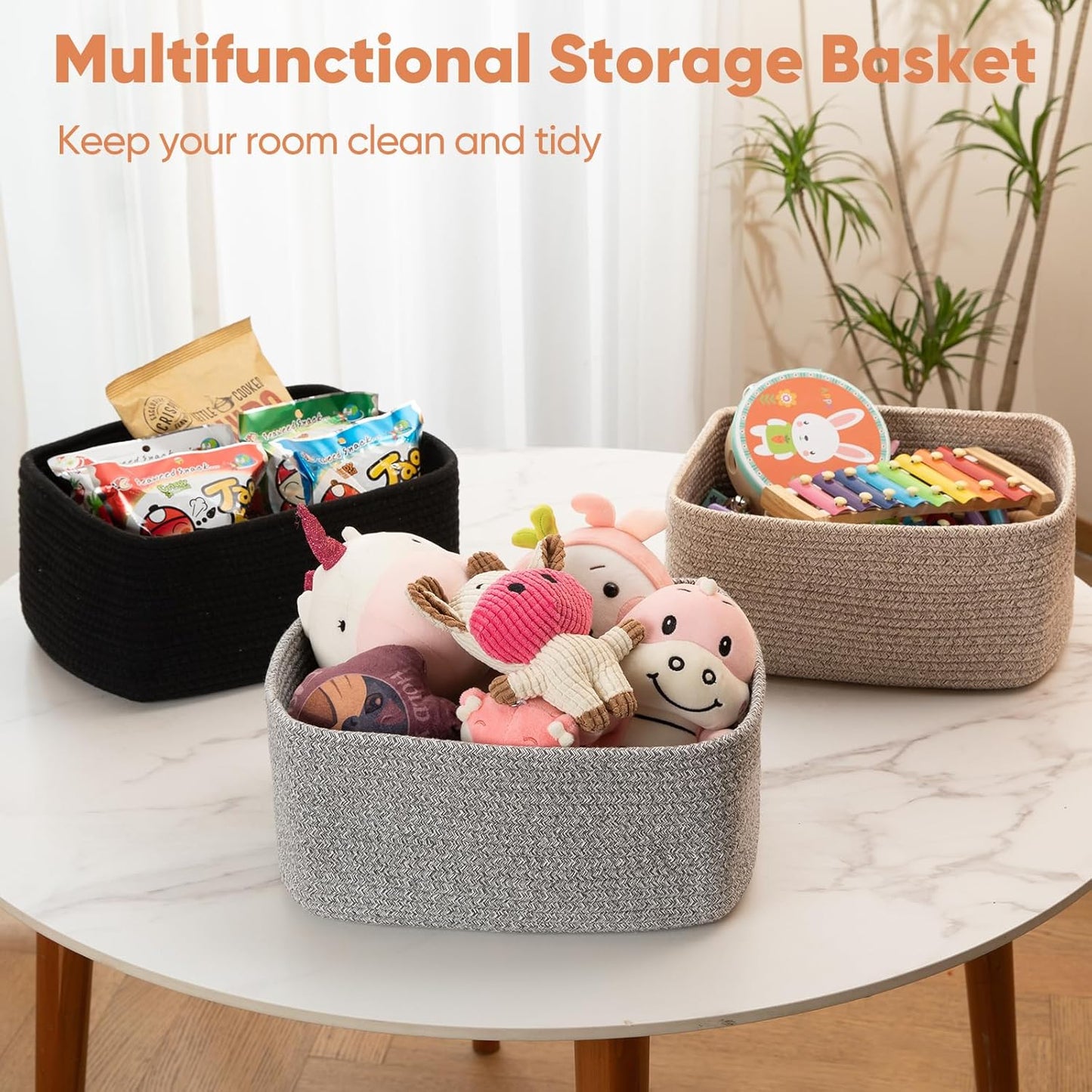 OIAHOMY 4 Pack 14.17*11.02*6.3IN Storage Baskets for Organizing Shelves, Woven Rope Baskets for Organizing Books, Clothes, Decorative Basket for Living Room, Nursery, Bedroom, Gift Basket, Black