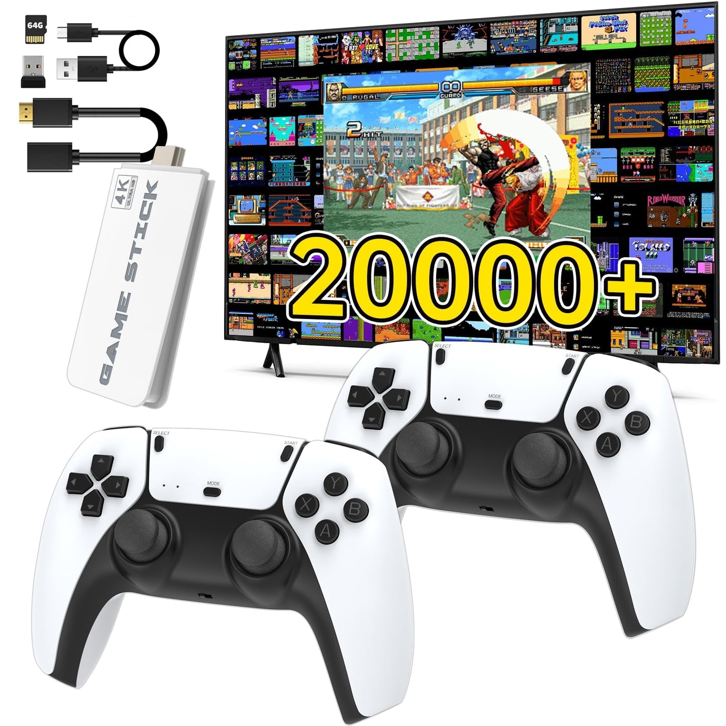 Wireless Retro Game Console, Retro Game Stick with Built-in 23 Emulators, 64GB,20,000+ Games, 4k Hdmi Output, and 2.4GHz Wireless Controller, Plug and Retro Play Video Games for TV（White）