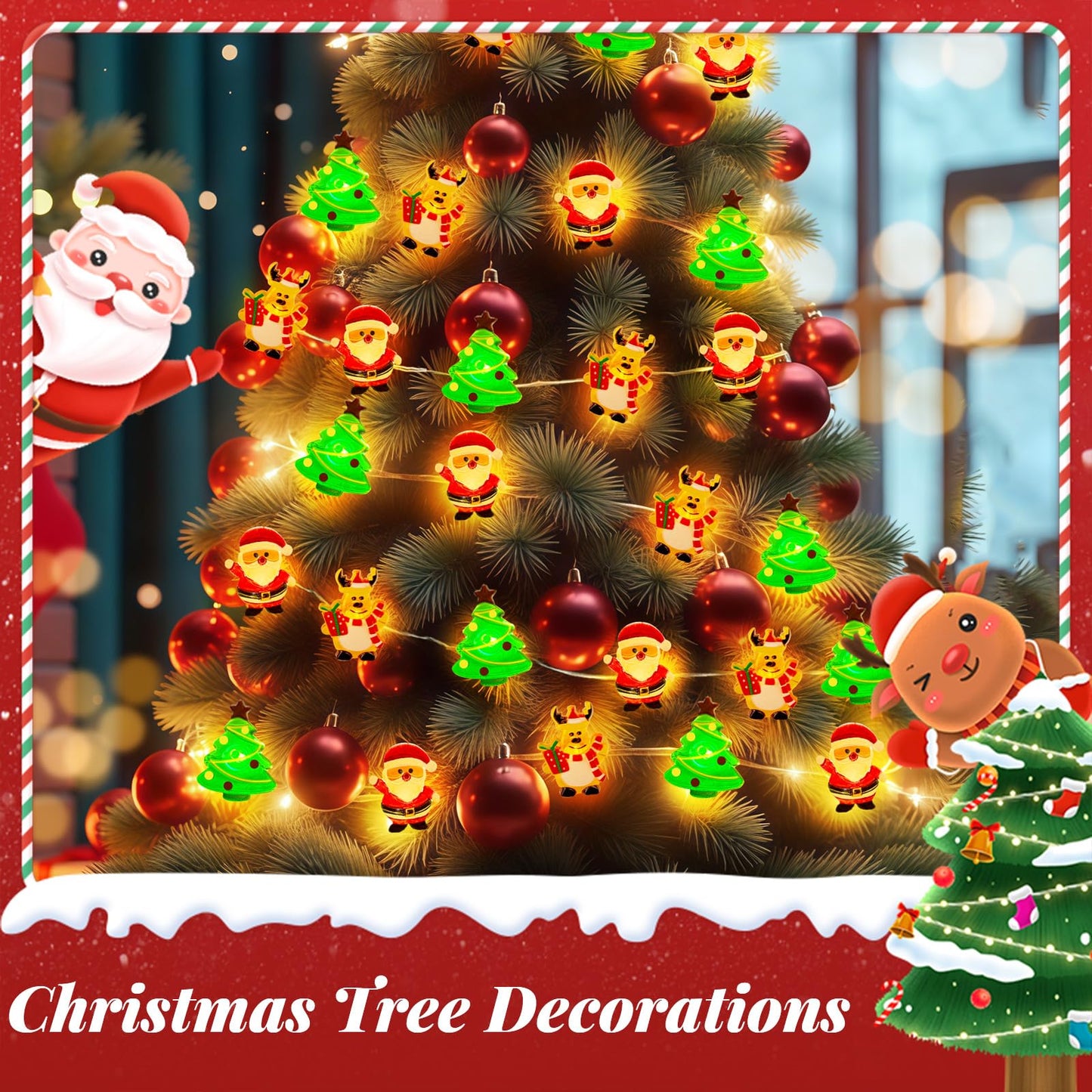 Aogist 2-Pack 50Led Christmas Fairy Lights - 16Ft Bright 3D Santa Claus Christmas Tree Deer String Lights Battery Operated Decor For Indoor/Outdoor Party Home Bedroom Yard Windows Doors Winter Decor