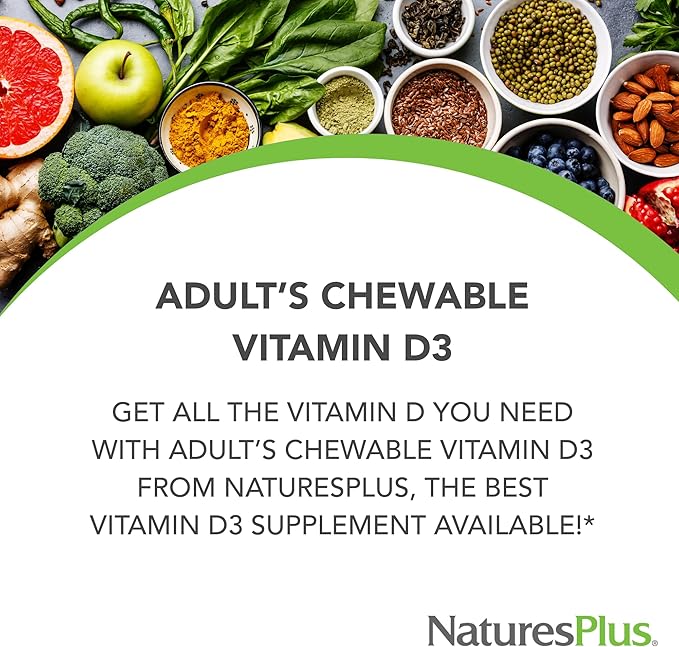 NaturesPlus Vitamin D3 (1000 IU) - 90 Chewable Tablets, Maui Berry Burst Flavor - Vegetarian, Gluten Free - 90 Servings