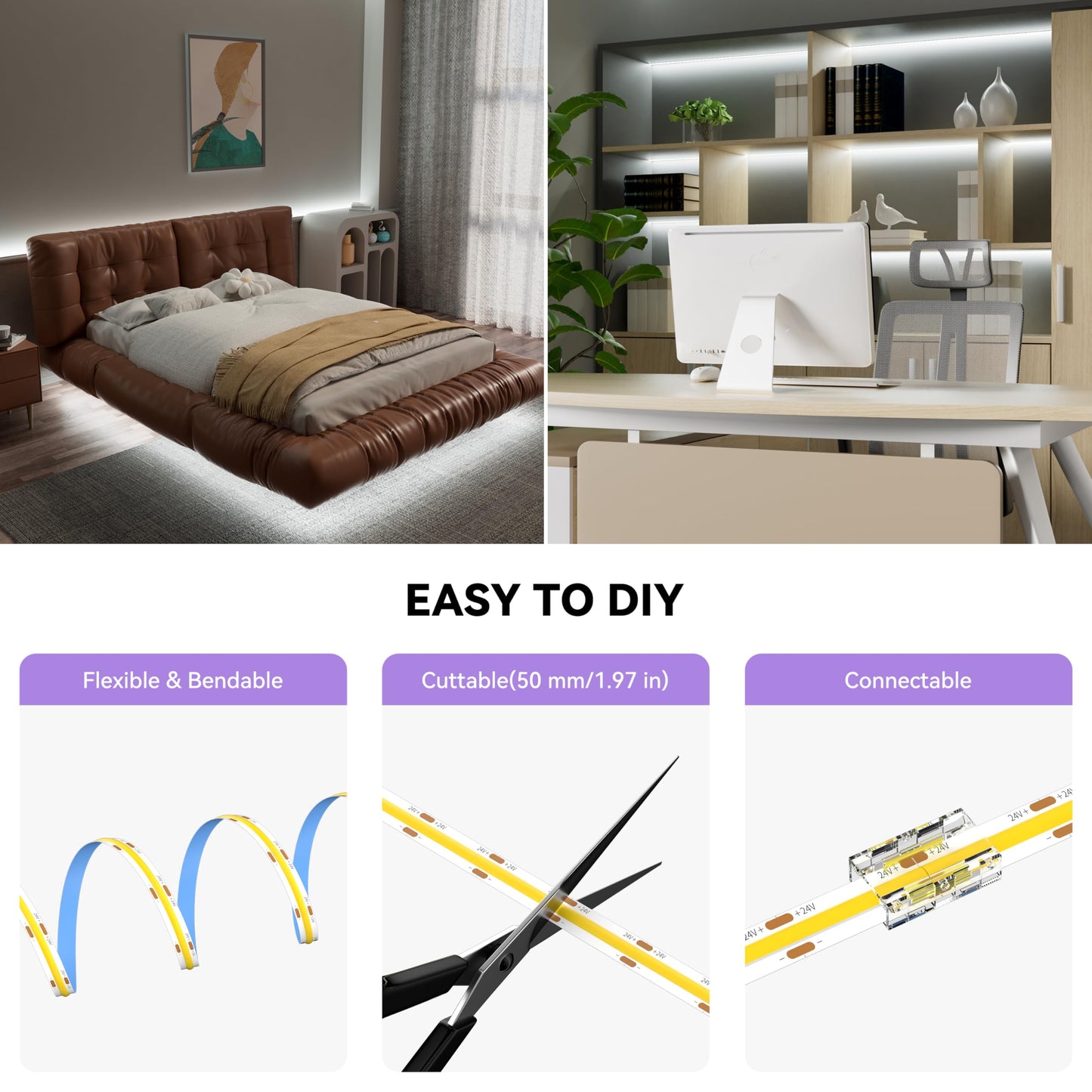MIWISE White LED Strip Lights,COB LED Strip Light 6000K Daylight White,Dimmable 32.8ft 24V LED Tape Lights,Flexible Super Bright Strip Lighting with Remote for Under Cabinet,Mirror,Bedroom,DIY Project