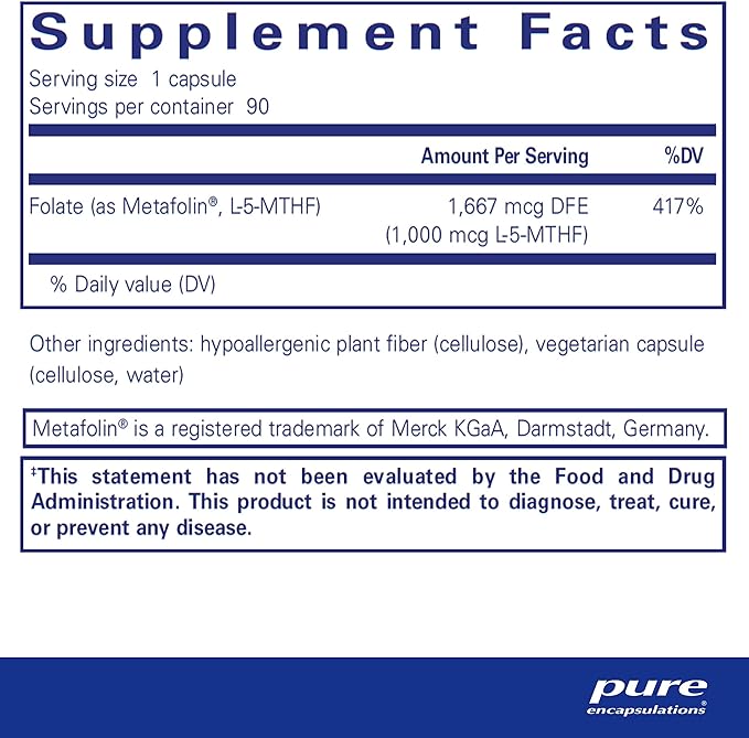 Pure Encapsulations Folate 1000 - Metafolin L-5-MTHF - Heart Health Supplement* - Folate Supplement - Non-GMO & Gluten Free - 90 Capsules