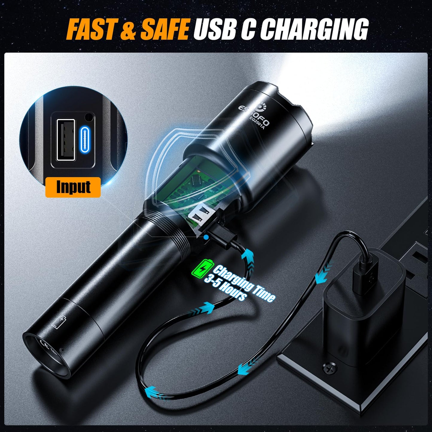 Esgofo LED Flashlight 90,000 Lumens 3280FT Range USB C Rechargeable Aluminum Black Model EG2501A