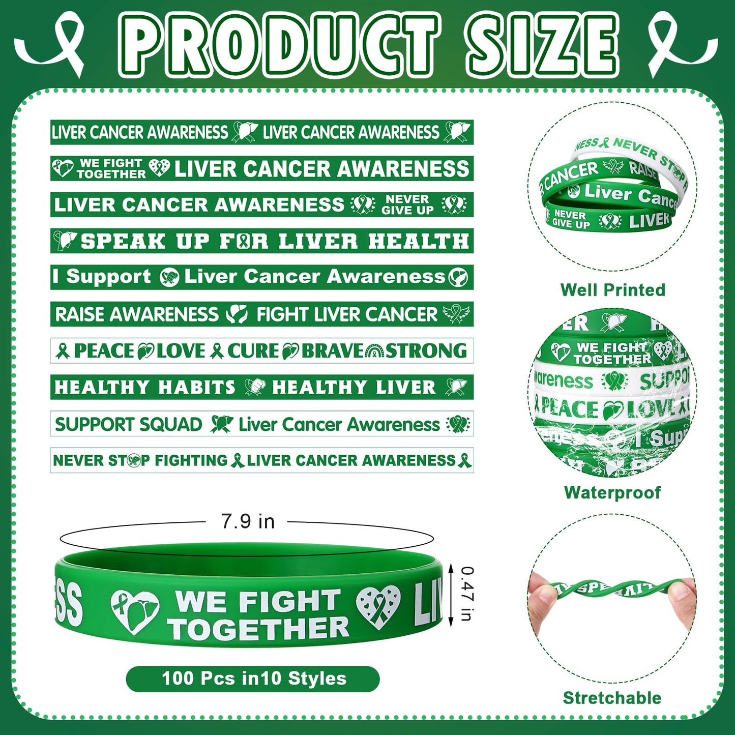 100 Pcs Liver Cancer Awareness Wristbands Bulk 10 Styles Green Ribbon Silicone Bracelets Liver Cancer Awareness Wristbands with