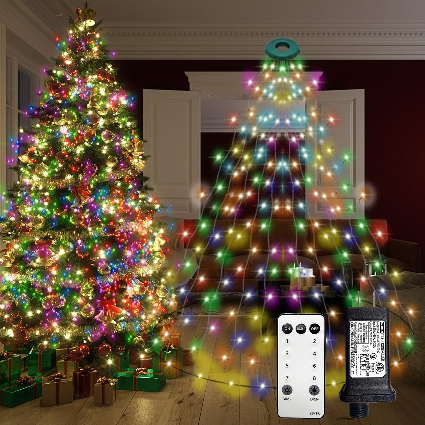 Christmas Tree Lights With Ring 9.9Ft 16 Line 544 Led Green Wire Fairy Waterfall String Light Plug In Dimmable Cascading Twinkle Lights With 8 Lighting Modes For Indoor Outdoor Xmas Tree(Multicolor)