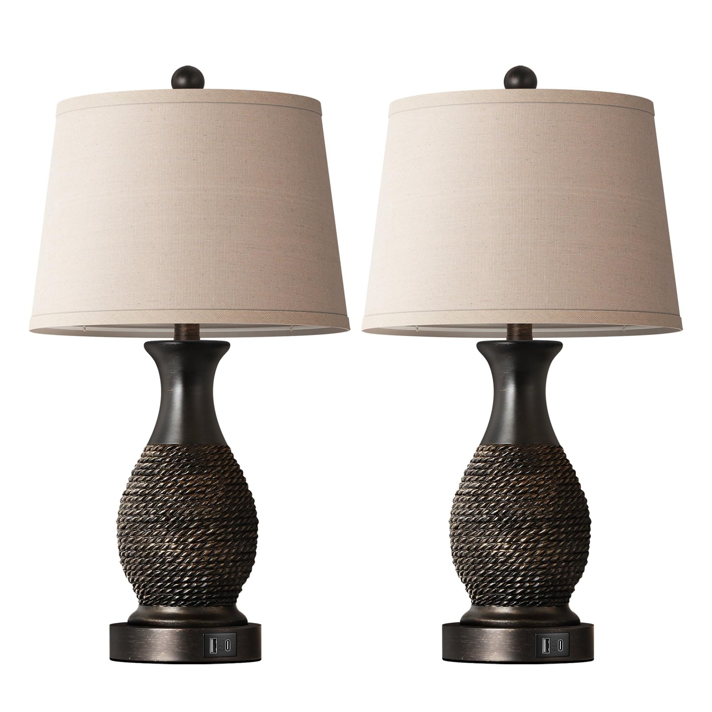 PARTPHONER Table Lamps Set of 2, Touch Control with USB C+A Ports, Linen Shade, 22.6in Black with Gold Accents, Model PALP367BB2