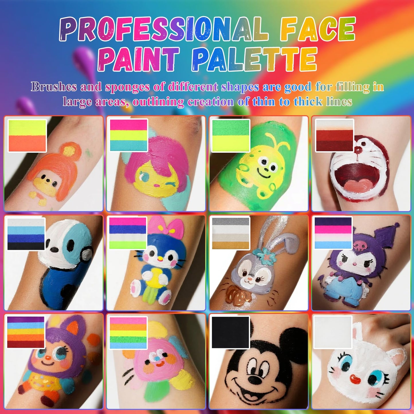 Face Paint Kit for Kids & Adults - 12 Color Rainbow Split Cake Face Painting Kit with 4 Brushes, Water Activated Face Paint Pale