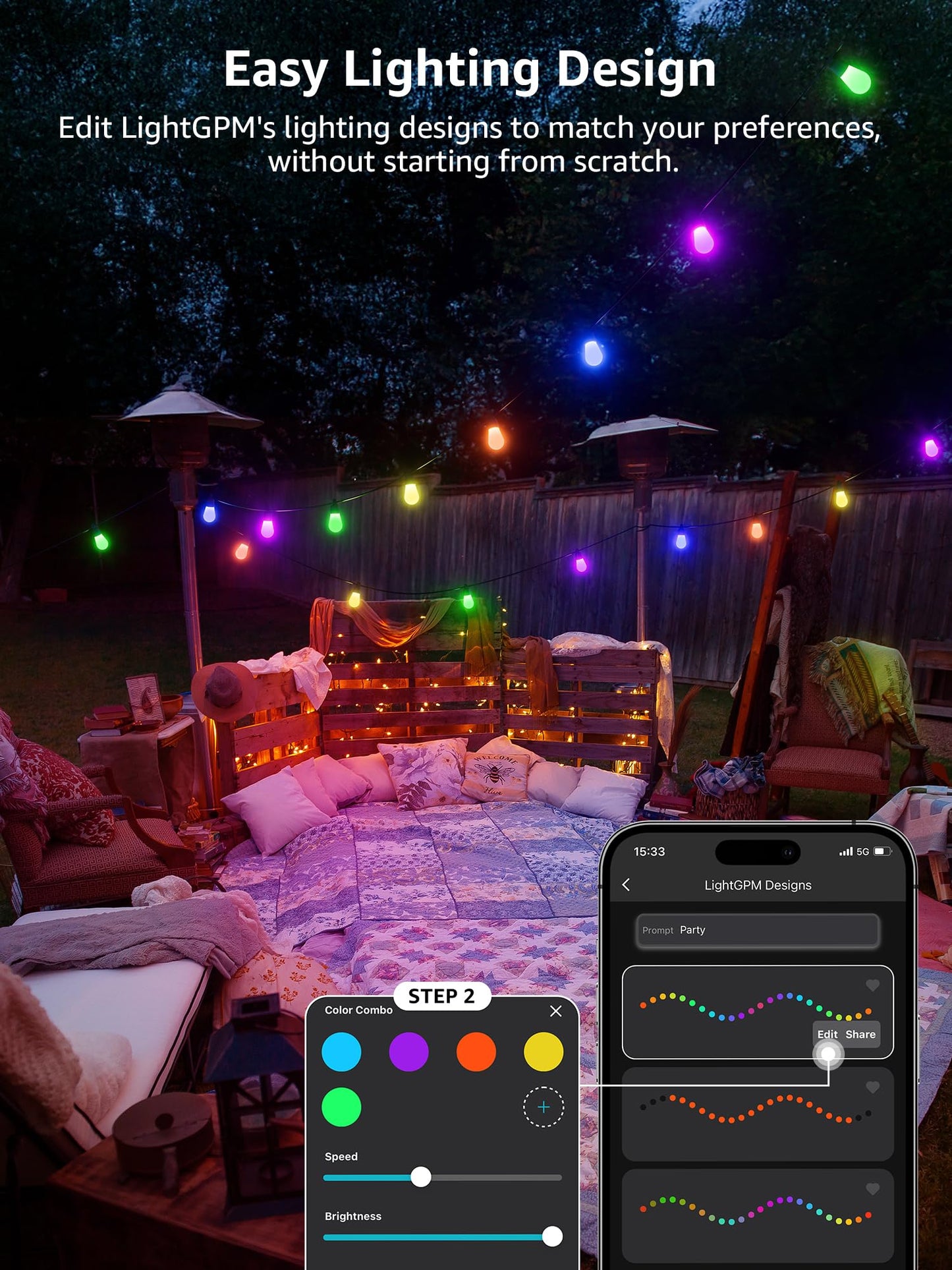 Lepro ZB1 AI Smart Outdoor String Lights APP Control, 54(42+12) ft RGB+IC+Warm White Outdoor Lights 15 LED Bulbs, Alexa Google Home Enable, AI Generated Lighting LLM, NO Remote 2.4 GHz WiFi+Bluetooth