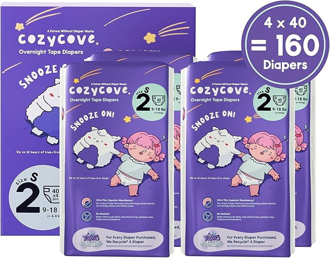 Cozycove Size 2 Diapers, Snooze On Slim Overnight Tape Diapers, Size 2 (9-18 lbs), 160 Count (4 Packs of 40)