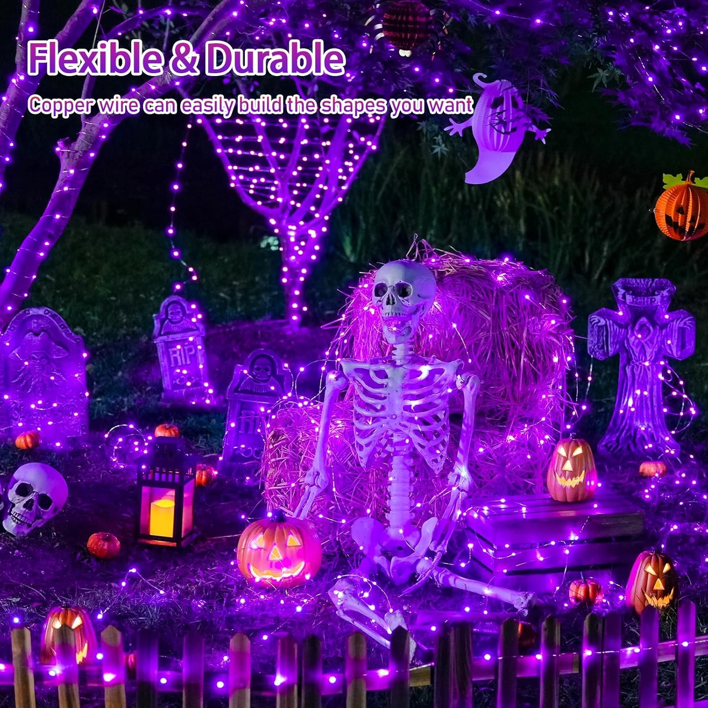 JMEXSUSS 2 Pack Solar Halloween Lights Outdoor, 33ft 100 LED Purple Halloween Lights, Waterproof 8 Modes Purple Solar Light for Outside Tree Garden Patio Christmas Decorations