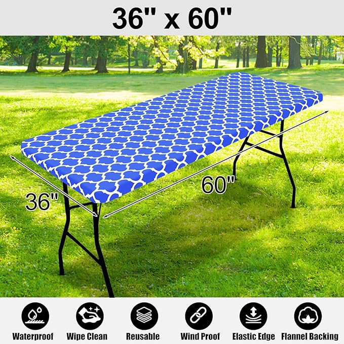 Smiry Rectangle Picnic Table Cover, Waterproof Elastic Fitted Camping Tablecloths for 5 Foot Tables, Wipeable Flannel Backed Vinyl Tablecloth Protector for Indoor, Outdoor (Blue, 36x60 Inches)