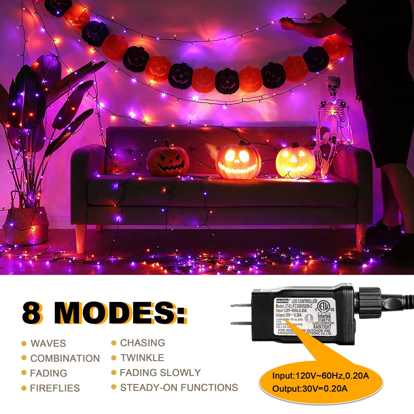 weillsnow 500 LED Halloween String Lights, 164FT, 8 Modes, Waterproof, Purple & Orange, Model HB-500COI