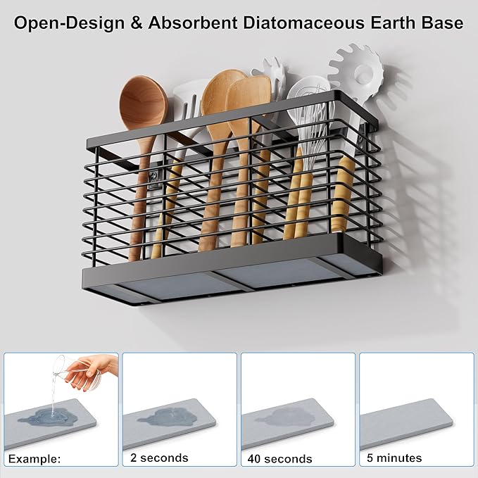 Utensil Holder for Kitchen Counter, Kitchen Utensil Holder for Countertop with Diatomaceous Earth Base, Large Cooking Utensil Organizer with 3 Compartments for Spatula Storage, Metal/ Black
