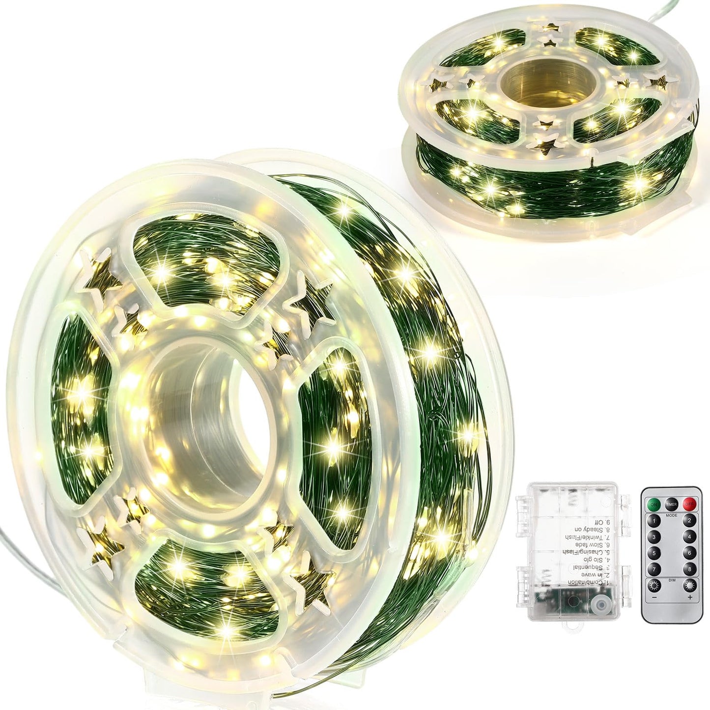 Remagr 2 Pack Christmas Fairy String Lights Battery Operated Green Wire Led Waterproof String Lights With Remote 8 Modes For Christmas Tree Patio Garden Backyard Home Indoor Outdoor (100Ft Warm White)