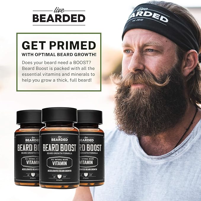 Live Bearded Beard Boost - Hair Growth Multivitamins with Biotin 10,000mcg, Vitamins C, E and Zinc - Thick, Strong, Full Grow Support - Made in The USA | 30-Day Supply
