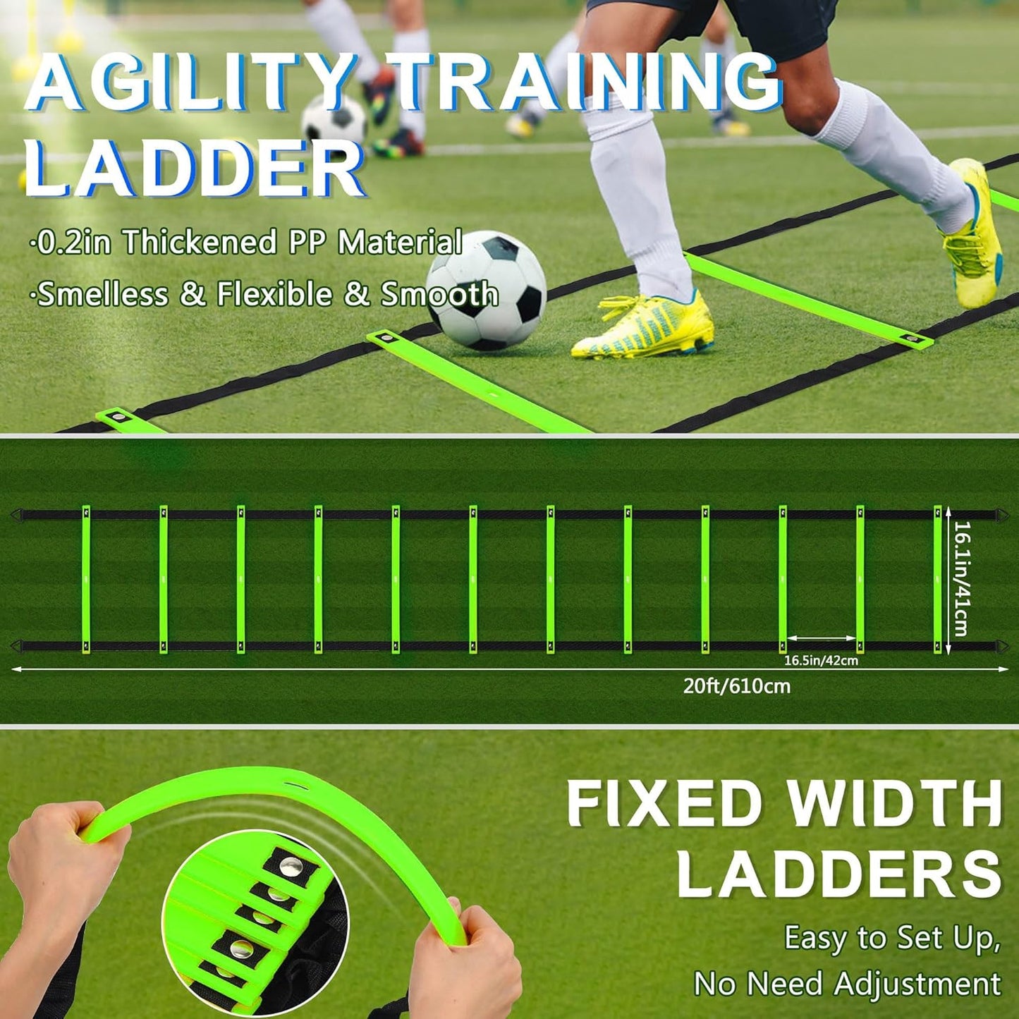 Fixed Rung Agility Ladder - 20ft 12 Rungs No Tangle Speed and Agility Training Equipment for Soccer Footwork Training with Carrying Bag/Ground Stakes for Adults Youth Kids