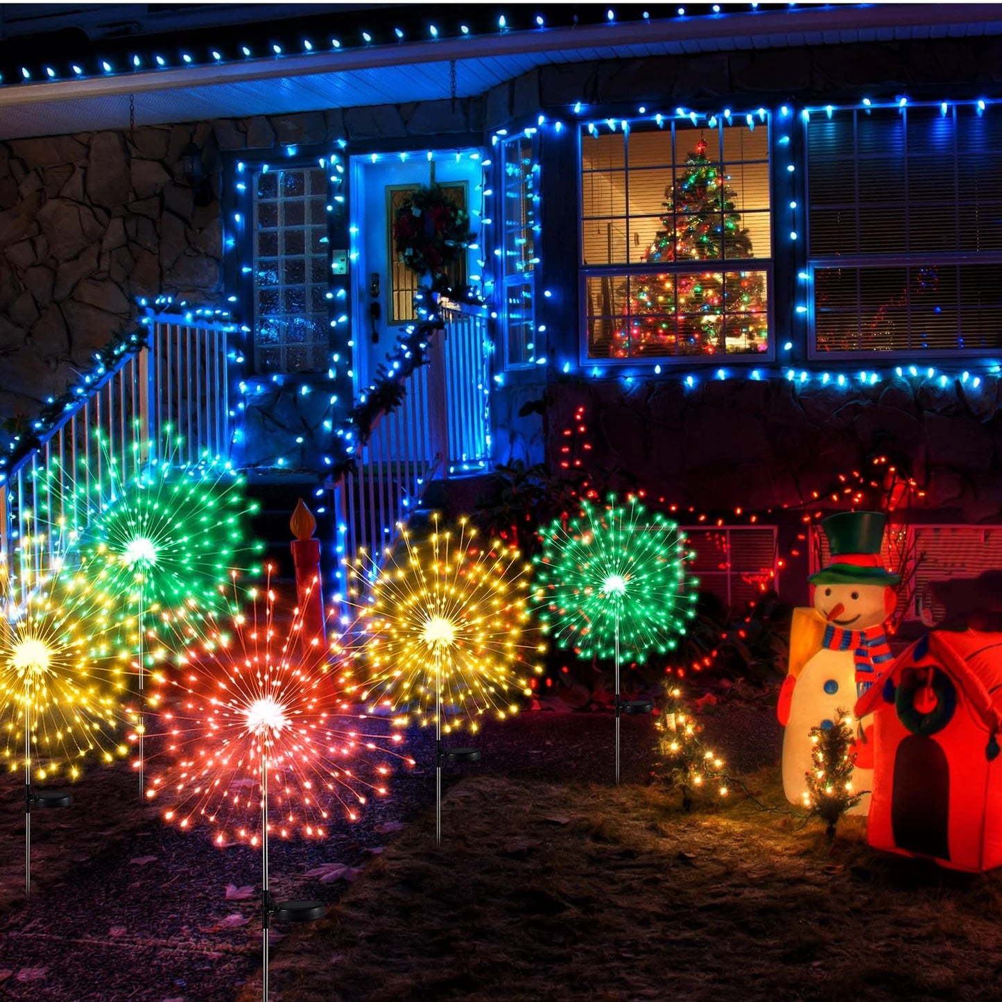 Tujoe 3 Pcs Mardi Gras Solar Firework Lights Solar Lights Outdoor Garden 120 LED 8 Modes Waterproof LED Sparkler Outdoor for Carnival Patio Yard Pathway Walkway (Red,Yellow,Green)