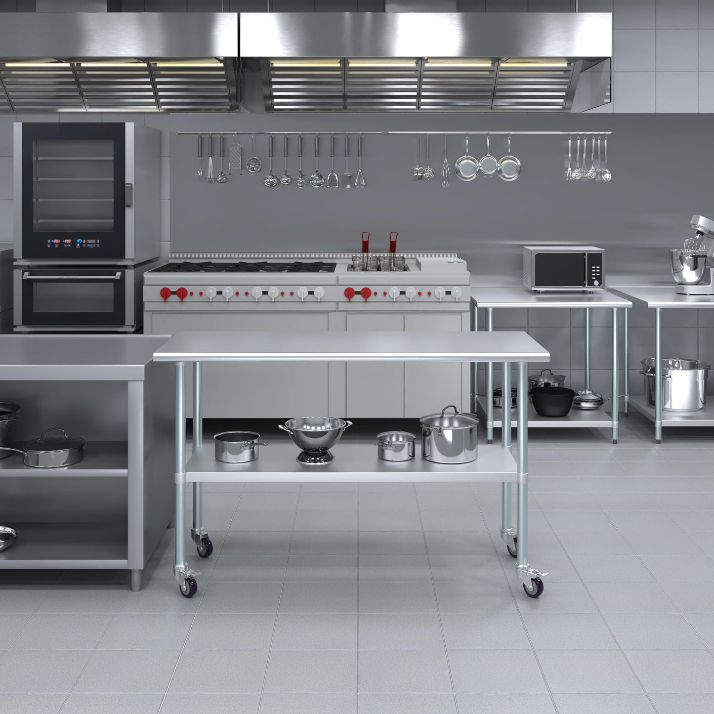 AmGood 24 in. x 60 in. Stainless Steel Work Table with Wheels | Metal Kitchen Food Prep Table | NSF