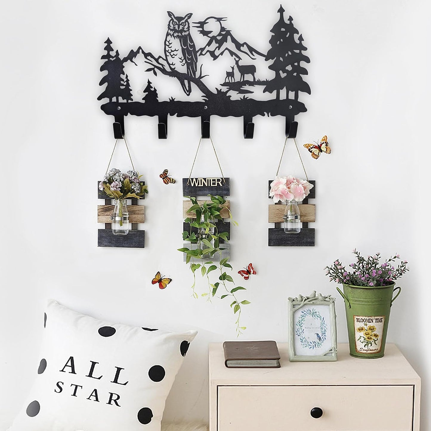 Metal Owl Hooks Wall Art Decor-Owl Hangers and Key Holder-Clothes Hat Rack and Backpack Hanger-Animal Theme Hooks Sweet Home Decor for Storage, Living Room, Hallway, Office (Black)