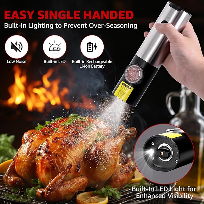 KOMOREBI Rechargeable Electric Salt and Pepper Grinder Set - Automatic Mill with Adjustable Coarseness, LED Light, Salt and Pepper Shakers,Home Kitchen Gifts