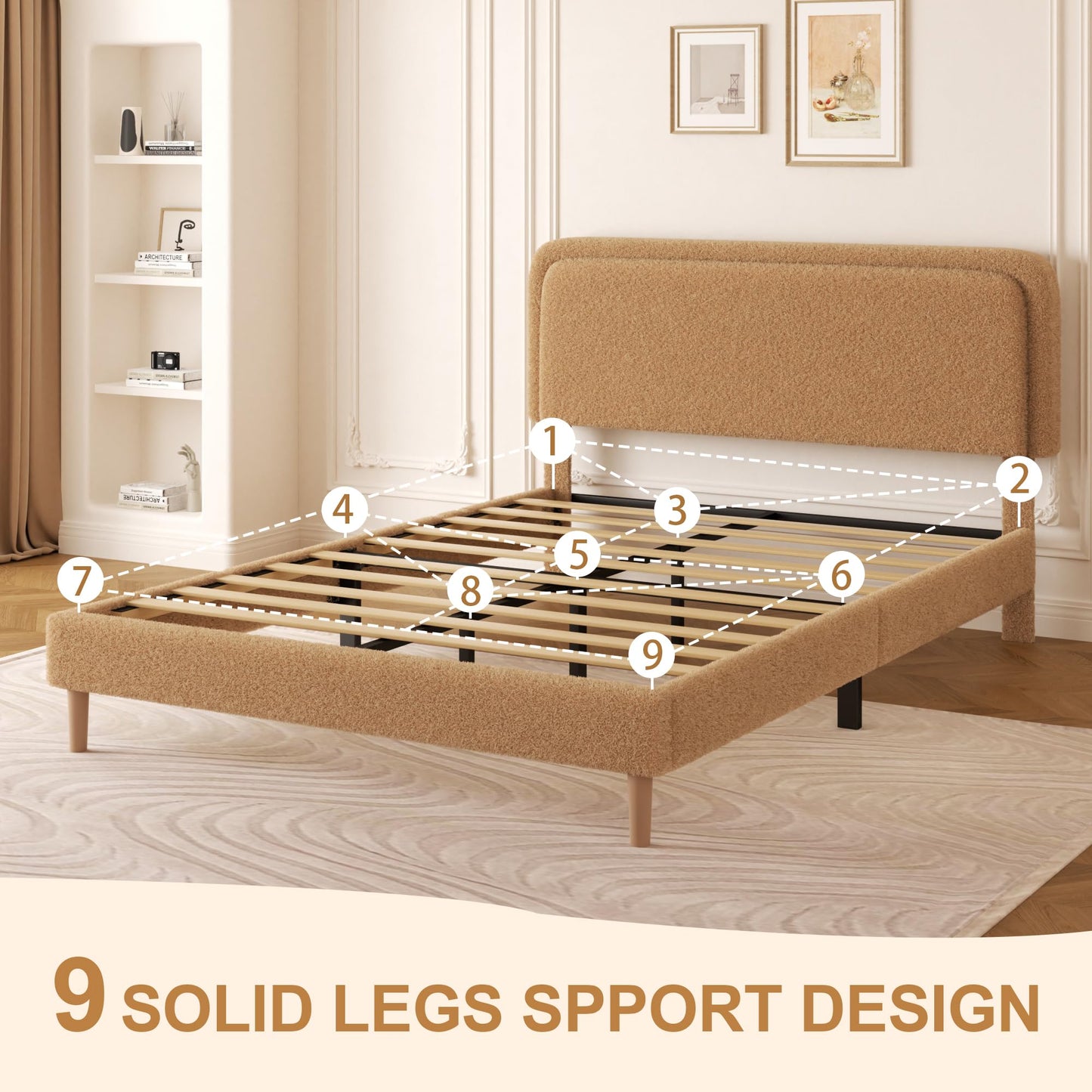 viplov Queen Size Boucle Upholstered Platform Bed Frame with Adjustable Headboard, Soft Cloud Bed, No Box Spring Needed, Noise Free, Easy Assembly, Brown
