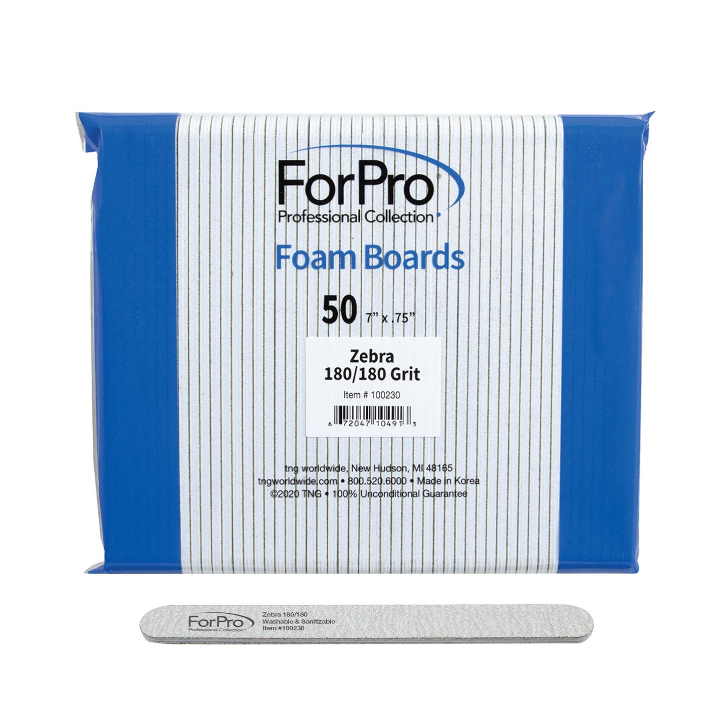 ForPro Professional Collection Zebra Foam Board, 180/180 Grit, Double-Sided Manicure Nail File, 7    L x .75    W, 50-Count