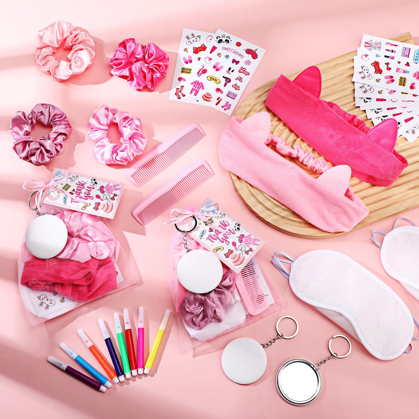 Daifunli 128 Pcs Sleepover Party Supplies Include White Eye Mask Graffiti Mirrors Blindfold Fabric Marker Pens Hairband Scrunchies Comb Keychains for Spa Slumber Bachelorette Women Favors