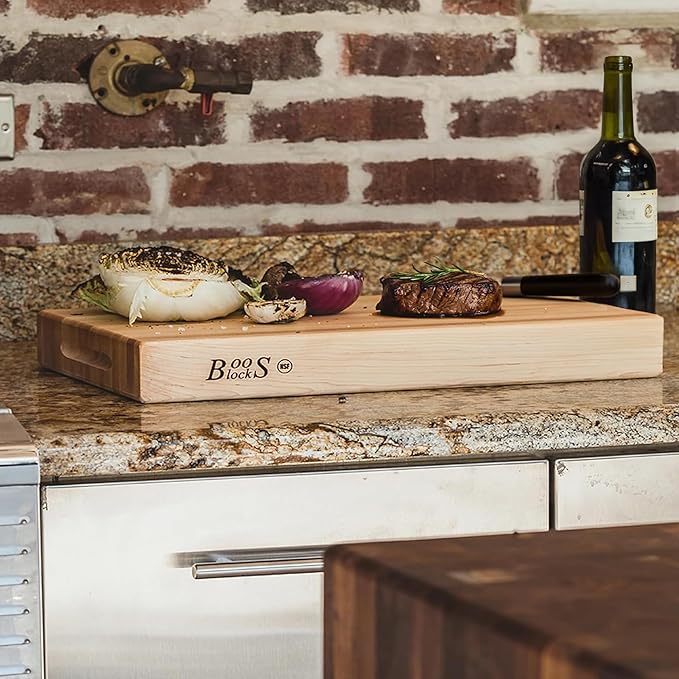John Boos RA-Board Series Rectangular Wooden Maple Cutting Board 24”x18” – 2.25” Thick, 30-lb Reversible Butcher Block with Edge-Grain & Finger Grips – Made in the USA