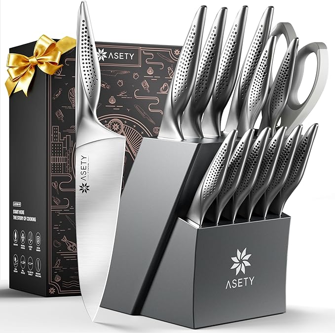 Knife Set - Ultra Sharp Knives Set for Kitchen with block, 15 PCS Stainless Steel Knife Set with Built-in Sharpener, Ergonomic Non-Slip Handle, Christmas Elegant Box for Men Women, Steel Gary