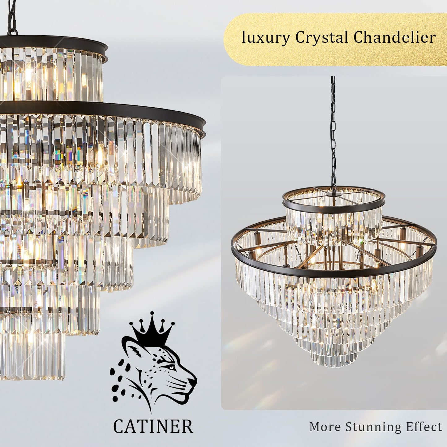 Large Crystal Chandeliers 23 Lights 36 Modern Black stylish Chandelier For Foyer Staircase Chandeliers 6 Tiers Round K9 Ceiling Pendant Lighting Fixture For Living Dining Room