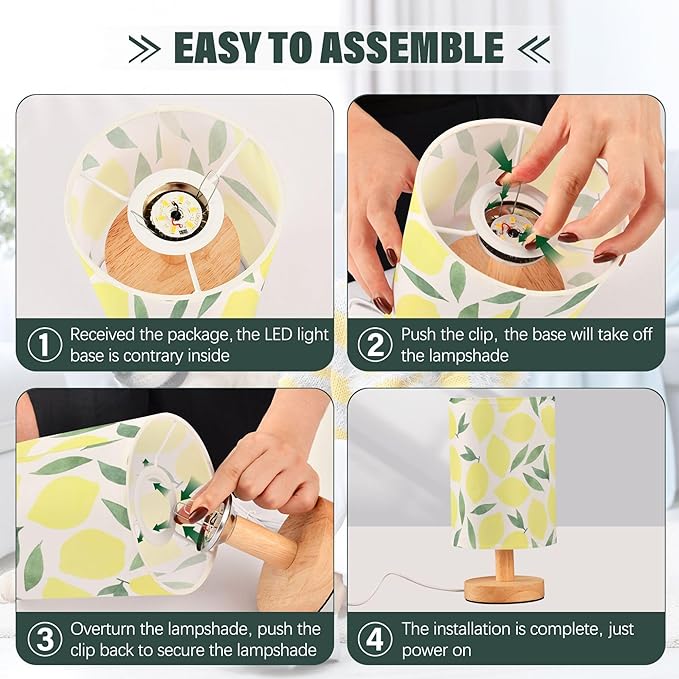 Table Lamp Watercolor Lemon and Leaf Pattern Pastel Color Fruit Print Nightstand Lamp with Wood Base Fabric Lamp Shade Bedside Desk Lamp for Living Room Bedroom Kids Room Office