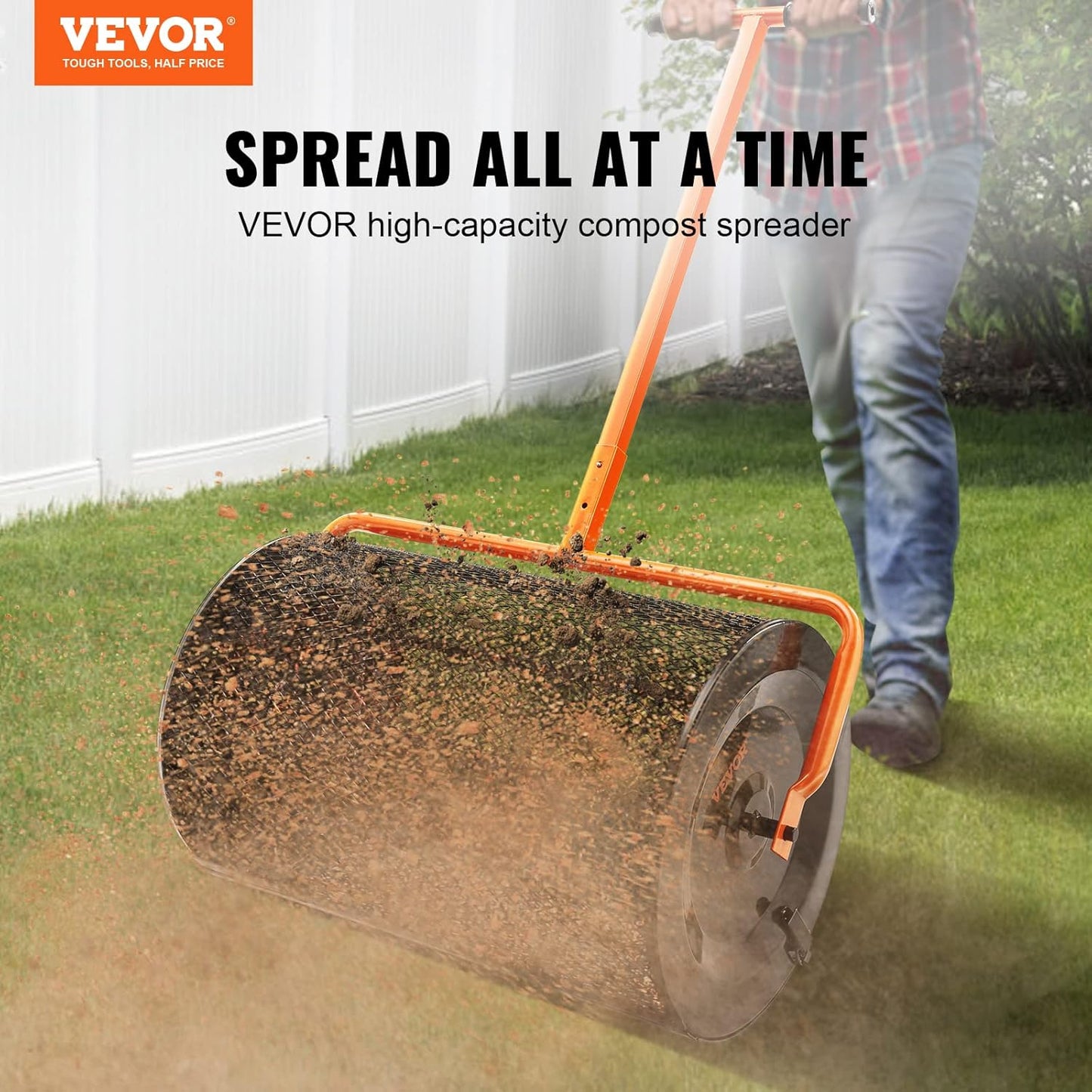 VEVOR Compost Spreader, 24.4-25.6" Height Adjustable Handle, 24" Wide, Lawn and Garden Peat Moss Roller with Side Latches, Powder Coated Steel Mesh Basket for Spreading Manure, Topsoil, Black