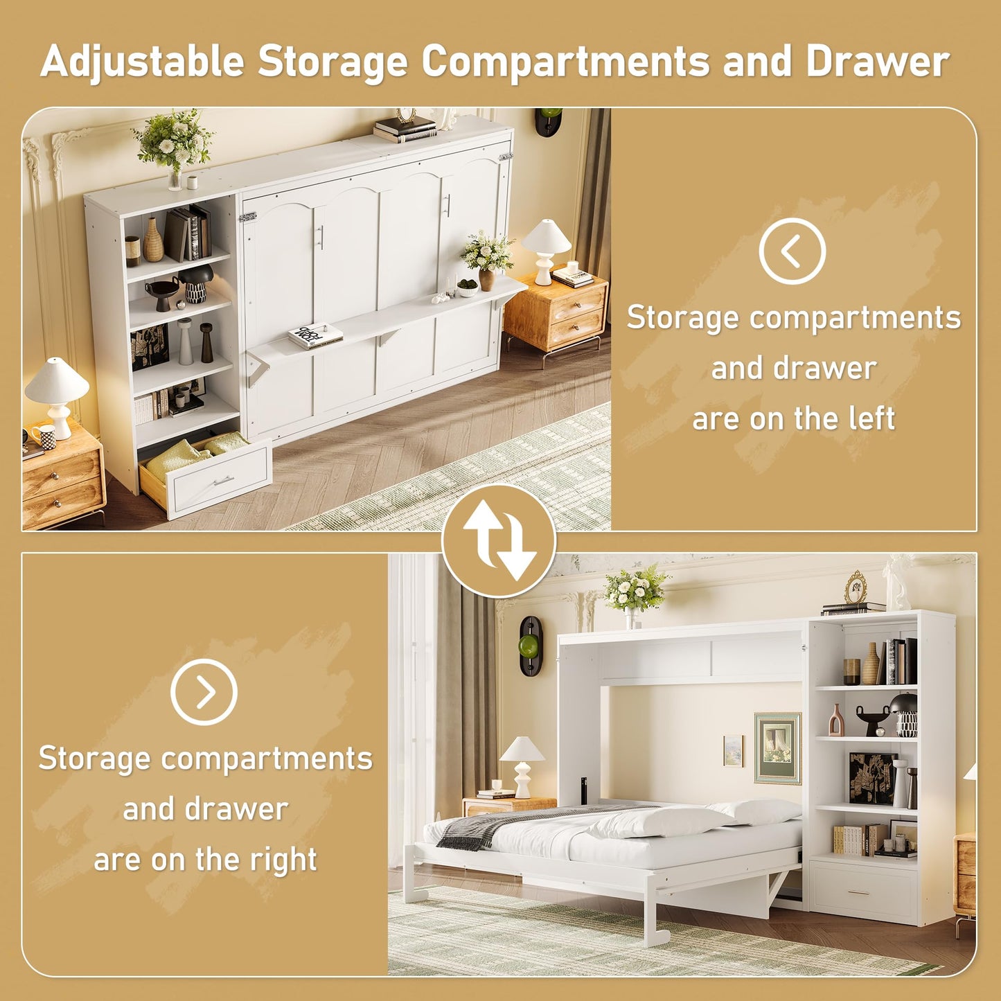 Merax Queen Murphy Bed with 3 Height Adjustable Storage Shelves & 1 Drawer, Wall Bed Frame Multifunctional Foldable Platform Bed for Small Space, Bedroom, Guest Room, Bear 500LBS (White)