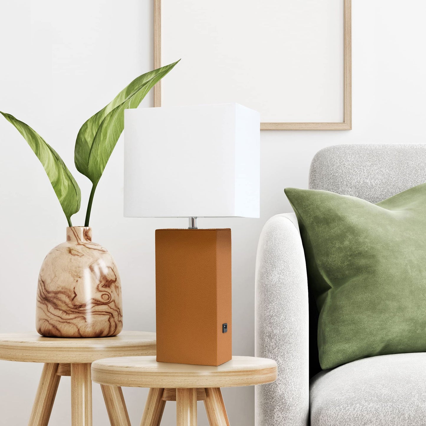 LALIA HOME Bedside Table Lamp with USB Charging Port, 21in, Tan, MDF & Leather (PVC), Model LHT-3012