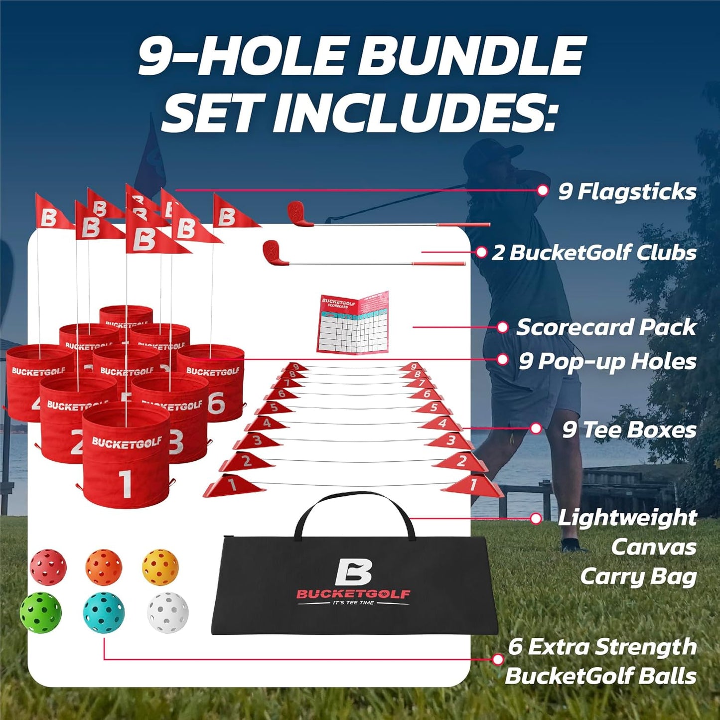 BucketGolf 9 Hole Bundle - Outdoor Golf Game for All Ages. Adults, Kids, Family. Play Anywhere. Yards, Beach, Park, Backyard. Includes 2 Right-Handed Clubs