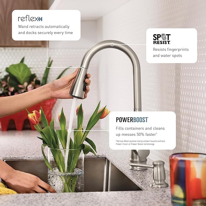 Moen Haelyn Spot Resist Stainless Single-Handle Pull-Down Sprayer Kitchen Faucet with an LED Light ColorCue Temperature Indicator and Soap Dispenser, 87627EISRS