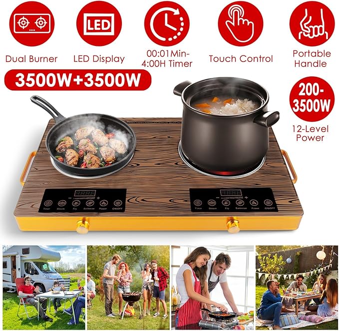 Double Burner Infrared Electric Cooktop, 3500W Ceramic Hot Plates for Countertop, 11 Power Levels 0-4H Timer, LED Display, Portable Handle, Portable Stove for Home RV Camping(Wood)