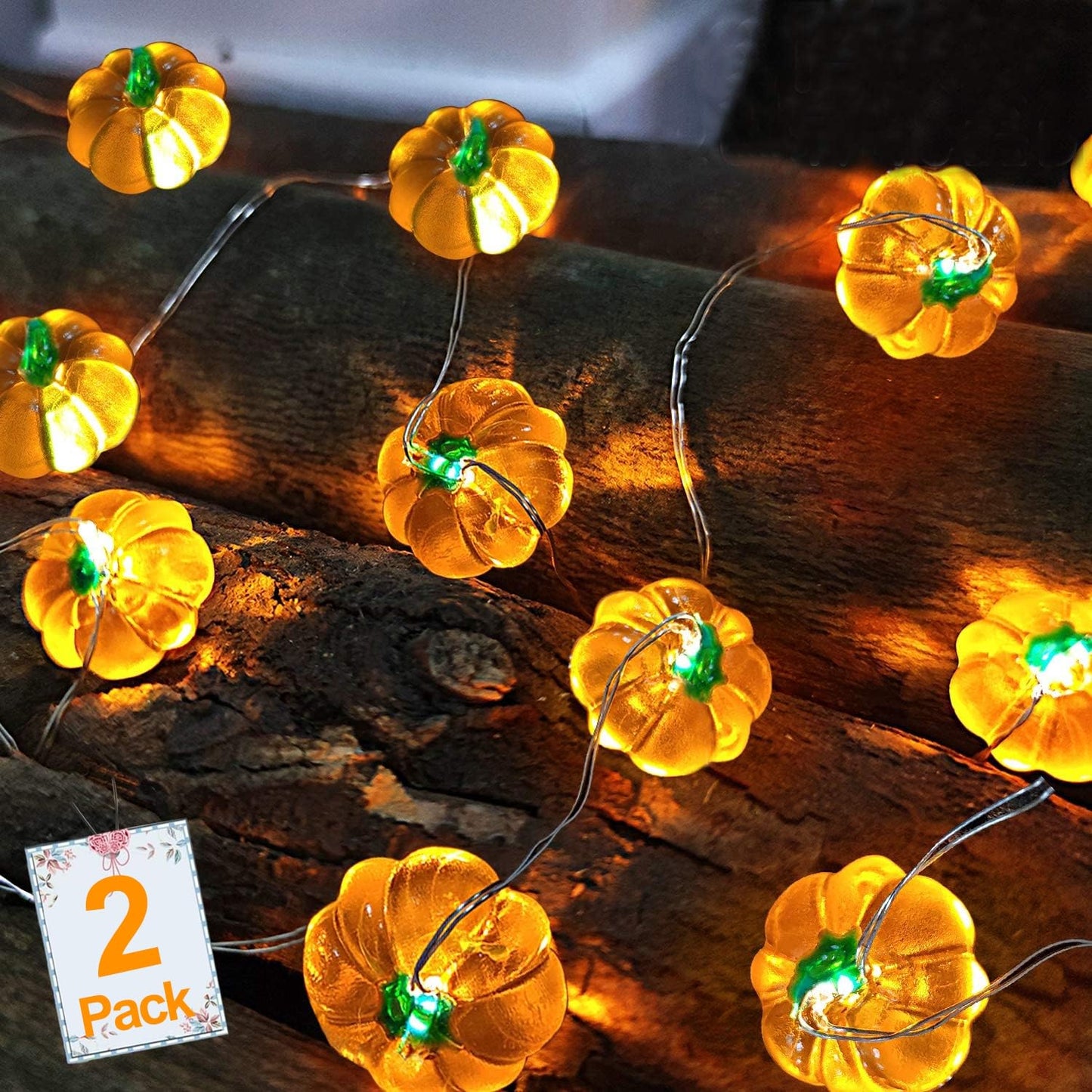 TURNMEON 3D Fall Pumpkin String Lights, 40LED, 20ft, Battery Operated, Warm White, Indoor Halloween Decorations, 2 Pack
