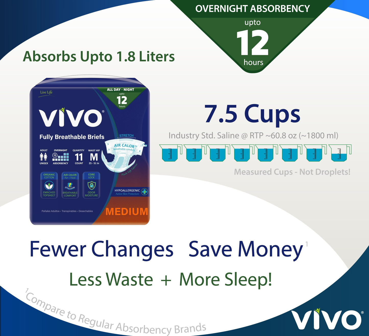 VIVO Organic Cotton Overnight Sensitive Skin Adult Incontinence Diaper Briefs with Tabs, Medium 22 Count