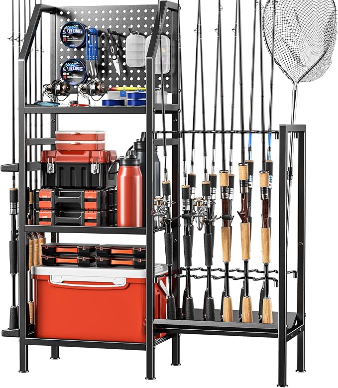 POKIPO Fishing Rod Holders for Garage,Fishing Rod Rack Storage up to 18 Rods,3 Tier Adjust Heavy Duty Metal Fish Pole Stan...