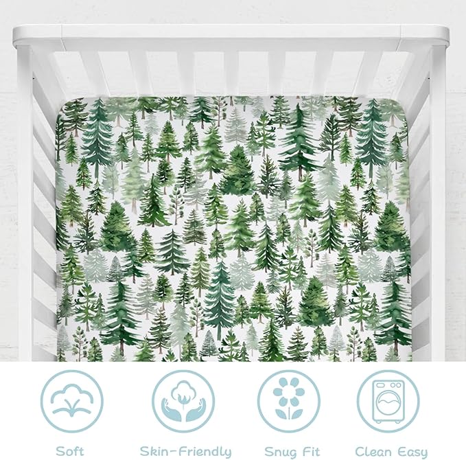 Watercolor Green Pines Baby Crib Sheet 52''x28'' Pine Trees Snug Fitted Crib Mattress Cover for Boy Girl Winter Soft Baby Bed Sheet for Standard Crib and Toddler Mattresses