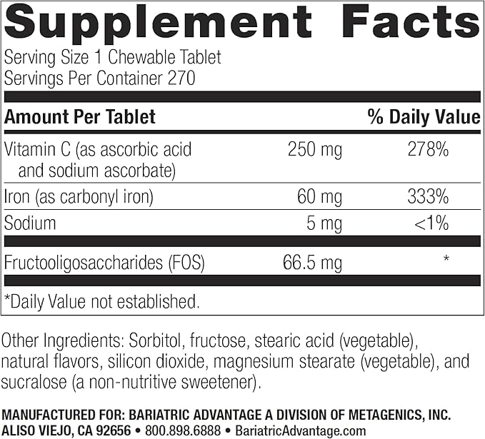 Bariatric Advantage Chewable Iron 60 mg with Vitamin C for Increased Absorption and Utilization, Easily Digestible for Gastric Bypass and Sleeve Gastrectomy Surgery Patients - Lemon Lime, 270 Count