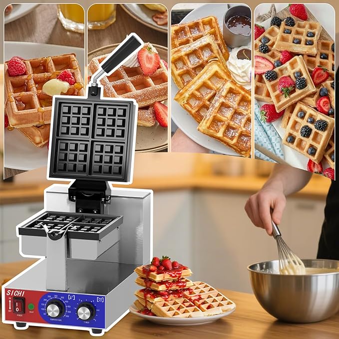 Commercial Waffle Maker -Belgian Waffle Maker w/Non-stick Baking Pan and 550℉ Heating, 1200W Rotating Waffle Iron for 1.2" Thick, Stainless Steel Square Waffle Machine for Hotel Restaurant