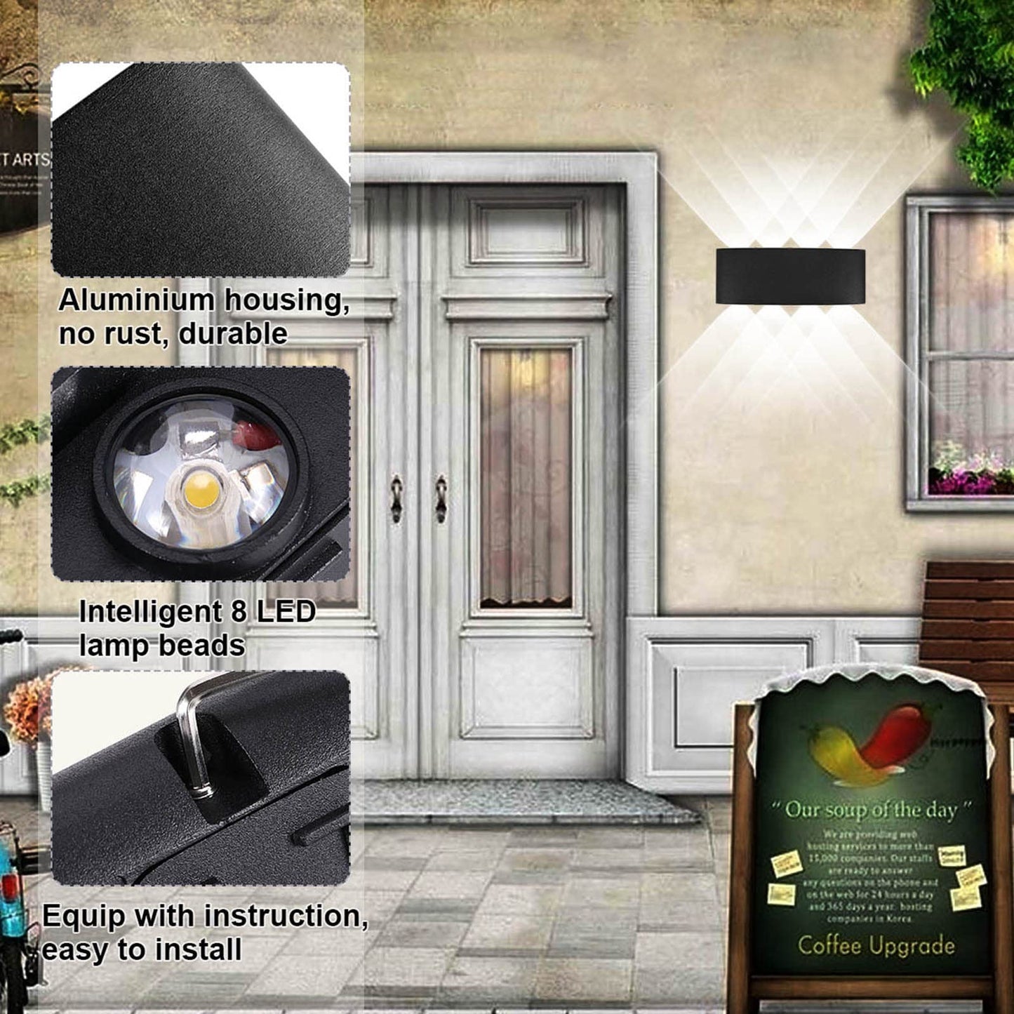 Kawell 8W Waterproof LED Wall Light Sconce, Matte Black, Model 33-AU558-BK-CW, Indoor/Outdoor Use for Bathroom, Hallway, Garden