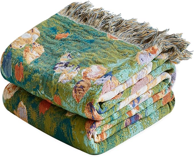 MSGKV Boho Throw Blanket for Bed Cotton Floral Twin Size Couch Blanket 60"x80" Muslin Breathable Lightweight Farmhouse Blankets All Seasons