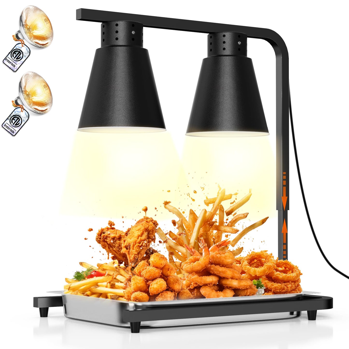 PYY Food Heat Lamp - with Pan and 2-Bulb for Fast and Steady Heaing, 500W Commercial Food Warmer Light, Stainless Steel Warming Lamp with Adjustable Stand, for Restaurant, Catering and Buffet